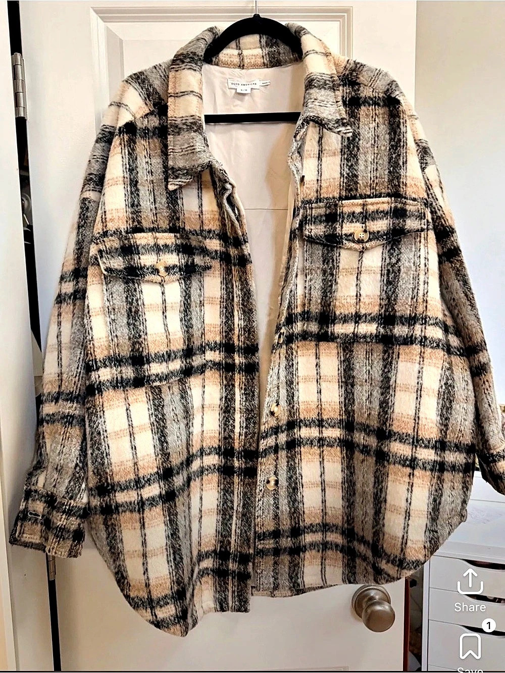 Good American Oversized Plaid Jacket Beige & Black Size 5/6 which is 2-3x NWT
